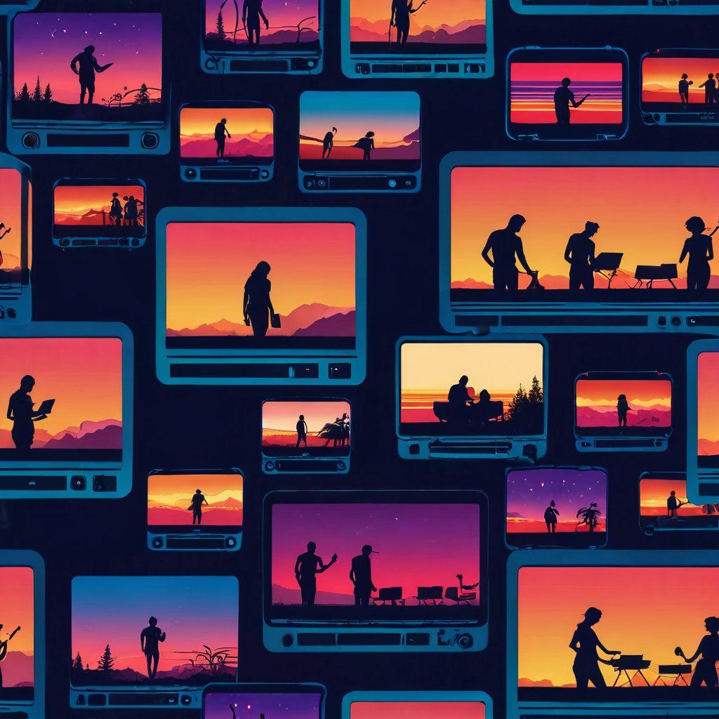 A captivating collage depicting the progression of adult streaming content, from a vintage 80s adult film set to modern-day streaming platforms on sleek devices. Include elements like a retro-style film reel, a laptop streaming, and sensual silhouettes in the background. Use bold, vibrant colors to indicate evolution and transformation, with a twilight sky to suggest evening allure. vector art. vibrant colors. cinematic flair.